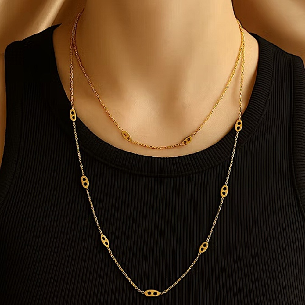 Multilayer Gold Plated Pig nose Necklace Bracelet Set Stainless Steel - Picture 6 of 15